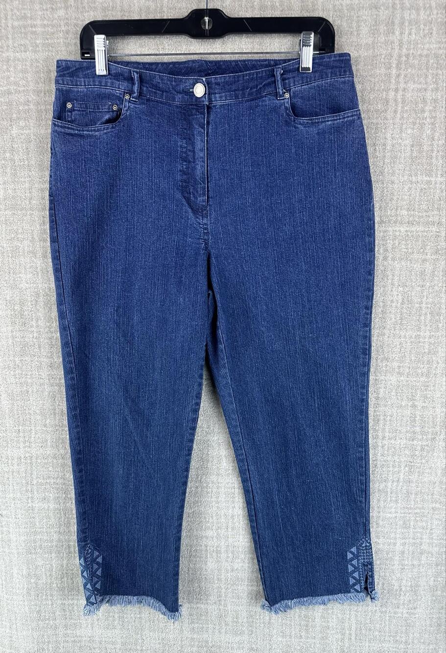 Ruby Rd. Jeans Womens 10 Blue Dark Wash Cropped Slim Stretch Fringed Embroidered
